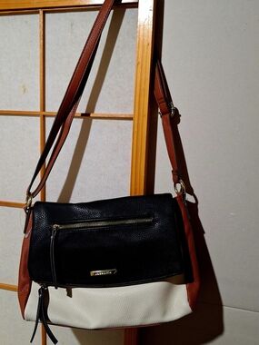 Black and Cream Crossbody Shoulder Bag with Brown Accents